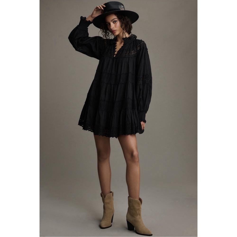 Maeve Anthropologie Black Eyelet Lace Tiered Babydoll Mini Dress M Boho Western